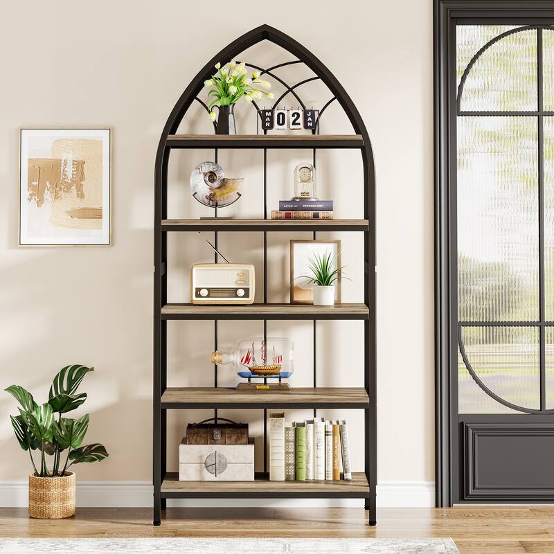 5-Tier Bookshelf Bookcase with Unique Bow Design Top for Home Office, Open Display Storage Shelf for Living Room