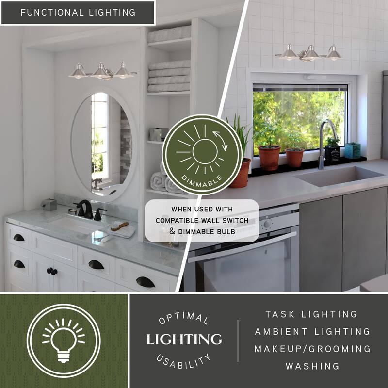 Barn Wall Sconce 28" Satin Nickel, 3 Light Vanity Light, Metal Shade, Bathroom Lighting - 6.25