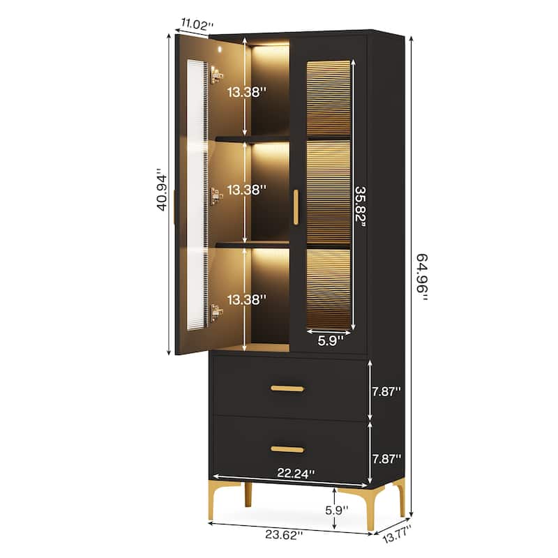 Tall Bookcase Bookshelf Storage Cabinet With Doors and LED Light