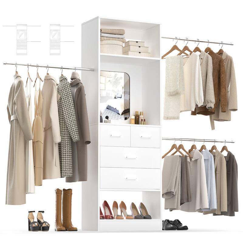 8FT Walk in Closet Organizer System with 3 Extendable Hanging Rods ＆ 4 Drawers ＆ Mirror - White
