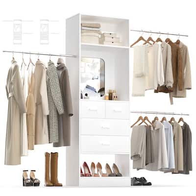 8FT Walk in Closet Organizer System with 3 Extendable Hanging Rods ＆ 4 Drawers ＆ Mirror