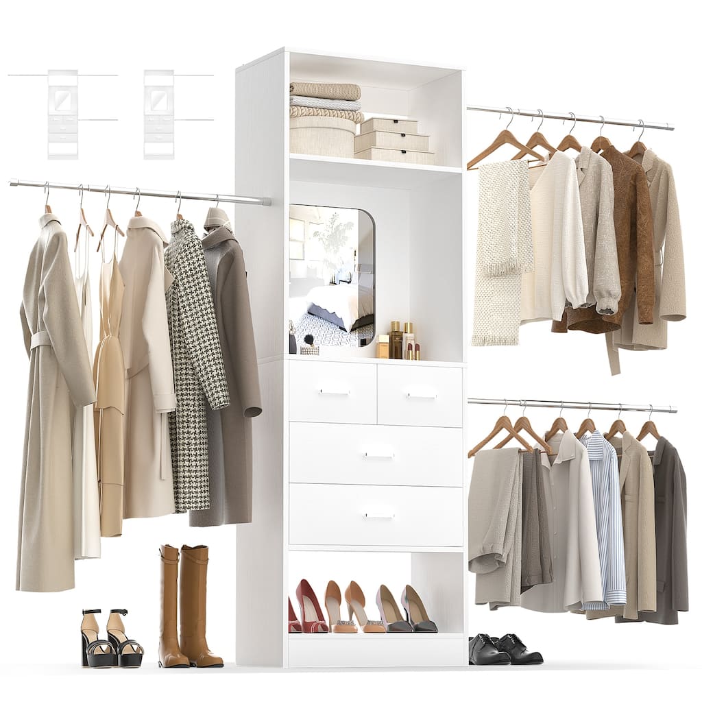 8FT Walk in Closet Organizer System with 3 Extendable Hanging Rods ＆ 4 Drawers ＆ Mirror