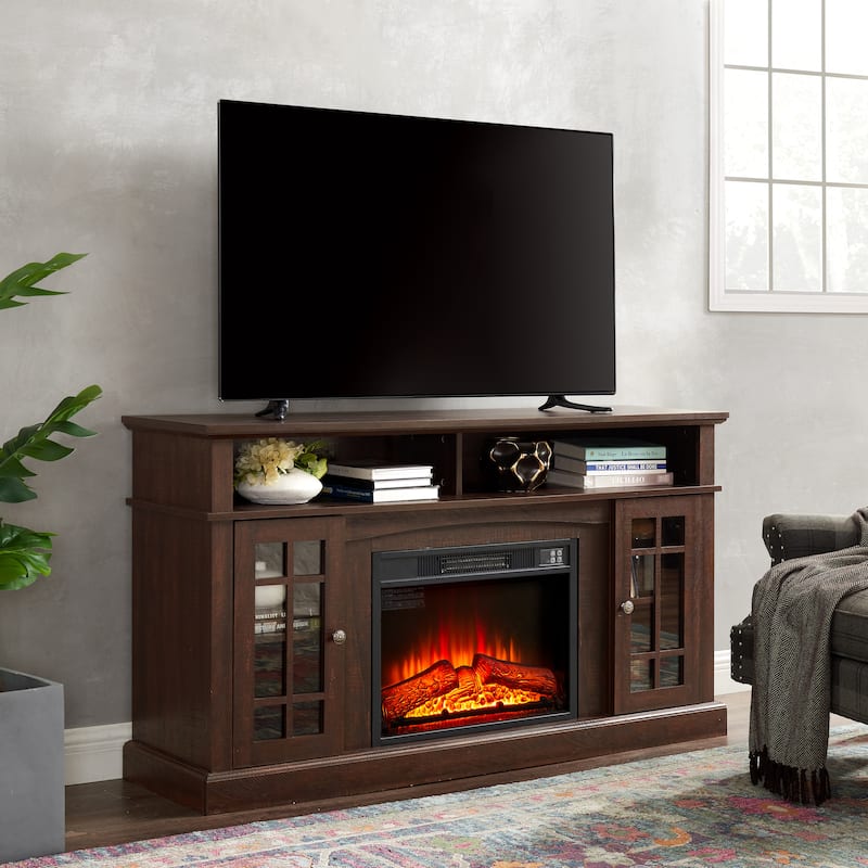 GDFStudio Caelum 58" Wood TV Stand with Classic Storage and 23" Fireplace Insert - Espresso