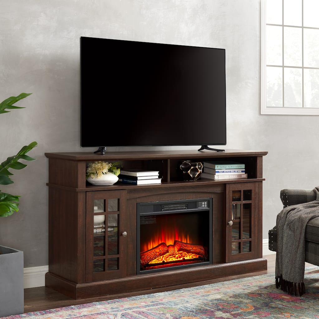 GDFStudio Caelum 58" Wood TV Stand with Classic Storage and 23" Fireplace Insert