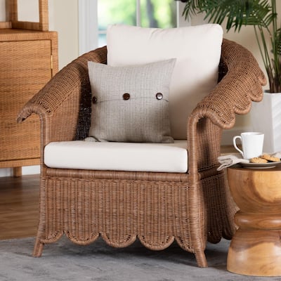 Detta Natural Rattan Armchair - Handwoven Wicker Chair with Rolled Arms and Scalloped Skirt Base, Boho Coastal Style