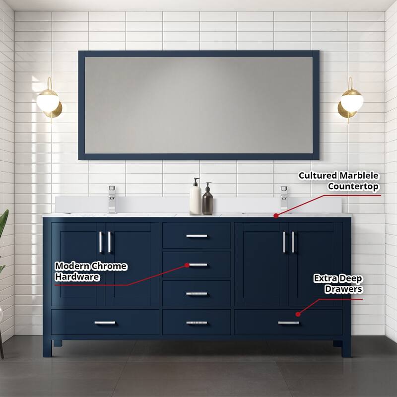 Jacques 72 in. W x 22 in. D White Bath Vanity, Cultured Marble Top, Faucet Set, and 28 in. Mirror