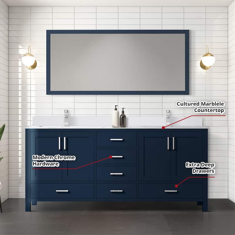 Jacques White Bath Vanity, Cultured Marble Top, Faucet Set and Mirror