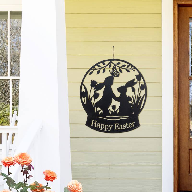 Glitzhome 30"H Easter Metal Silhouette Bunny Couple Yard Stake Wall Decor (Two Function)