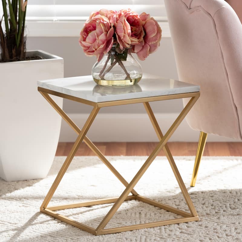 Hadley Modern and Contemporary Metal End Table with Real Marble Top