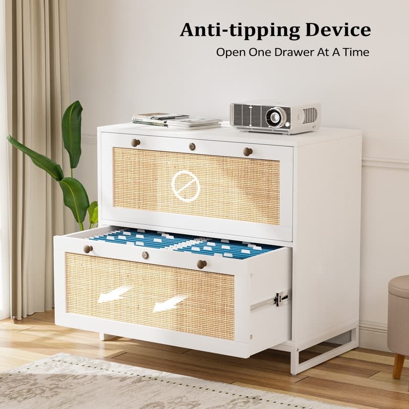 File Cabinet Lateral 2-Drawer Wood Rattan with Lock for Home Office