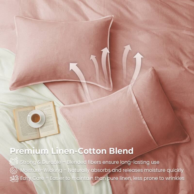 Flax Linen Cotton Blend Duvet Cover Set, Durable, Breathable and Moisture-Wicking, 3 Piece Bedding Set