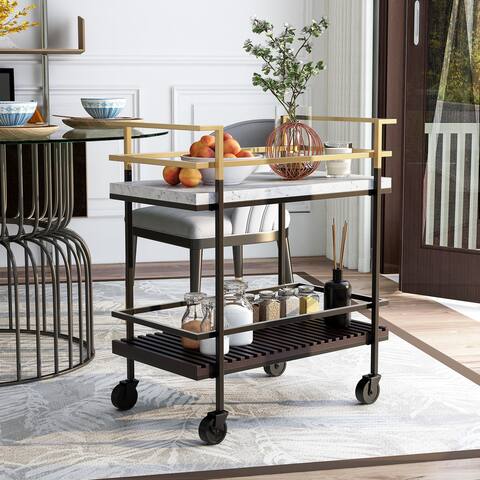 Furniture of America Bouvet White Faux Marble and Slatted Serving Cart