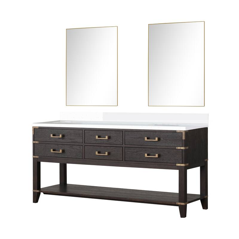 Norwalk 60 in W x 22 in D Black Oak Double Bath Vanity, White Quartz Top, and 28 in Mirrors