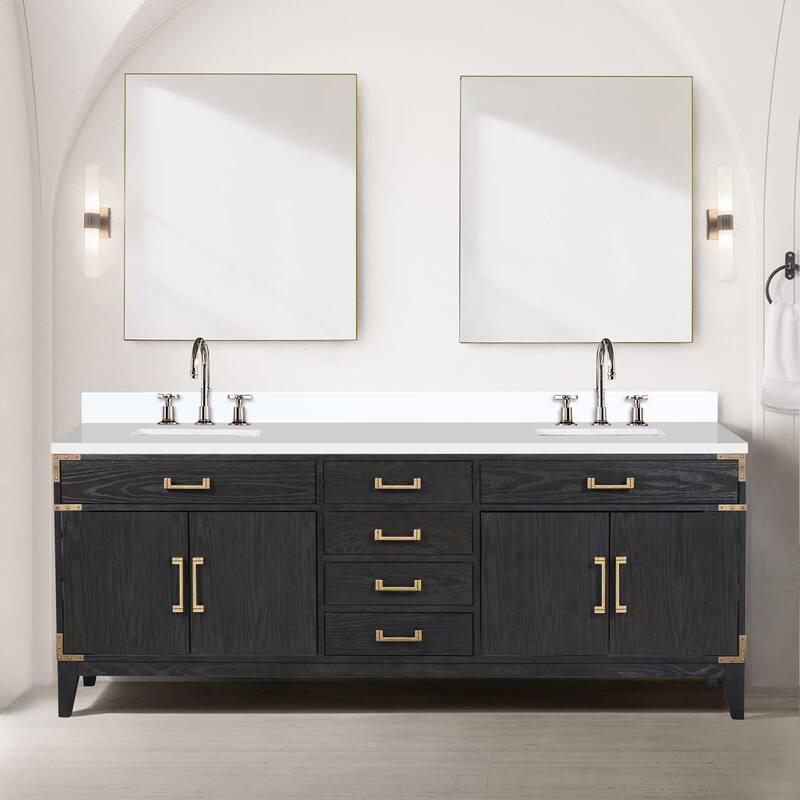 Laurel 60 in W x 22 in D Black Oak Double Bath Vanity, White Quartz Top, Faucet Set, and 28 in Mirrors