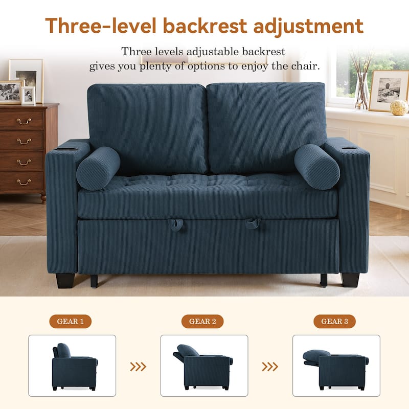 2 Set Corduroy Convertible Sleeper Sofa Bed Loveseats with Cup Holder, USB Ports & Storage
