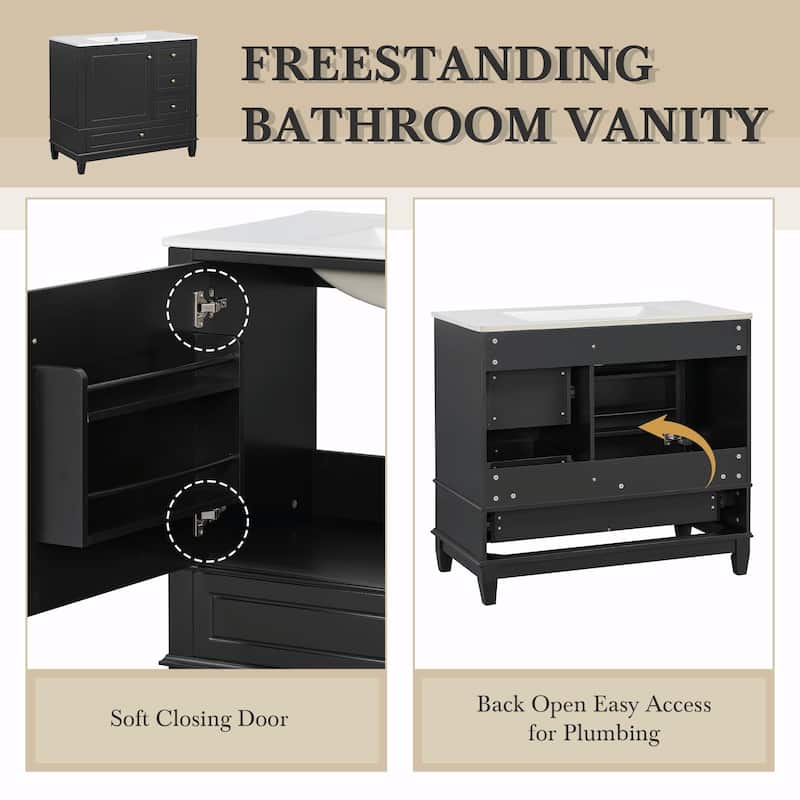 36" Bathroom Vanity with Ceramic Sink, MDF & Solid Wood Base, 3 Drawers and Cabinet with Shelves