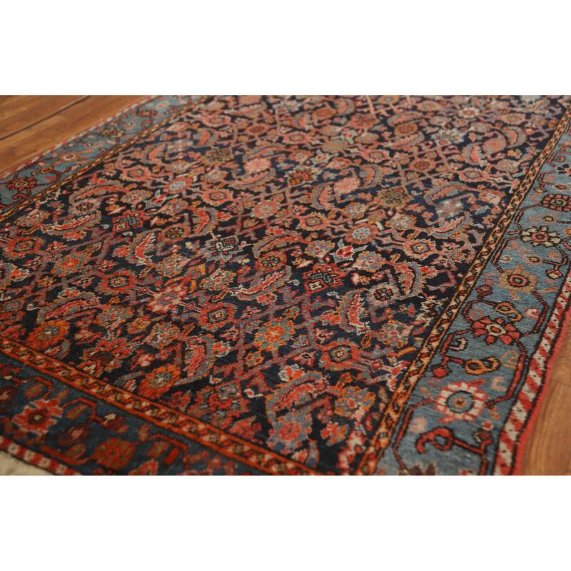 Hand Knotted Oriental 100% Wool Carpet Traditional Geometric Navy Blue & Blues Bidjar Runner Rug - 19' 6'' X 3' 5''