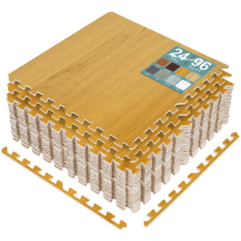 Sorbus 96 Sq. Ft. Wood Grain Floor Tiles Foam Mat EVA Interlocking Mats Tile 3/8-Inch Thick Exercise Mats w/Borders - Golden Brown