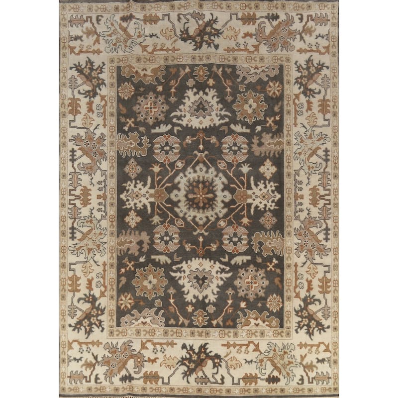 Dark Gray Floral Oushak Indian Area Rug Handmade Wool Carpet - 7'11" x 10'0"