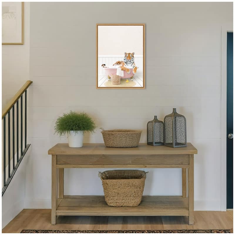 Kate and Laurel Sylvie Tiger in Cottage Pink Bath Framed Canvas by Amy Peterson