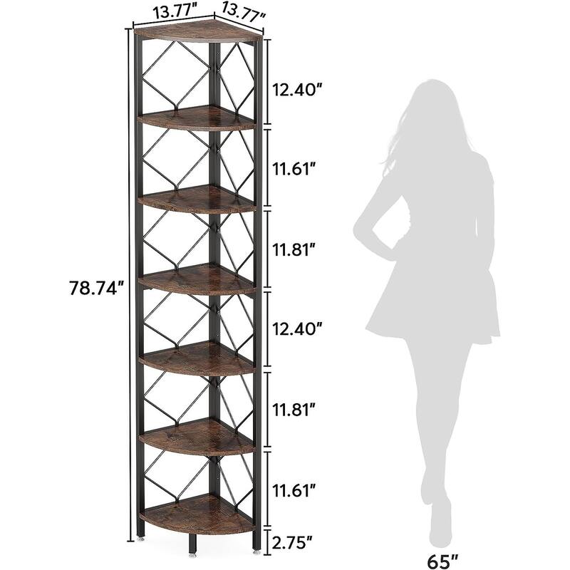 7-Tier Corner Bookshelf, Industrial Display Shelf Storage Rack