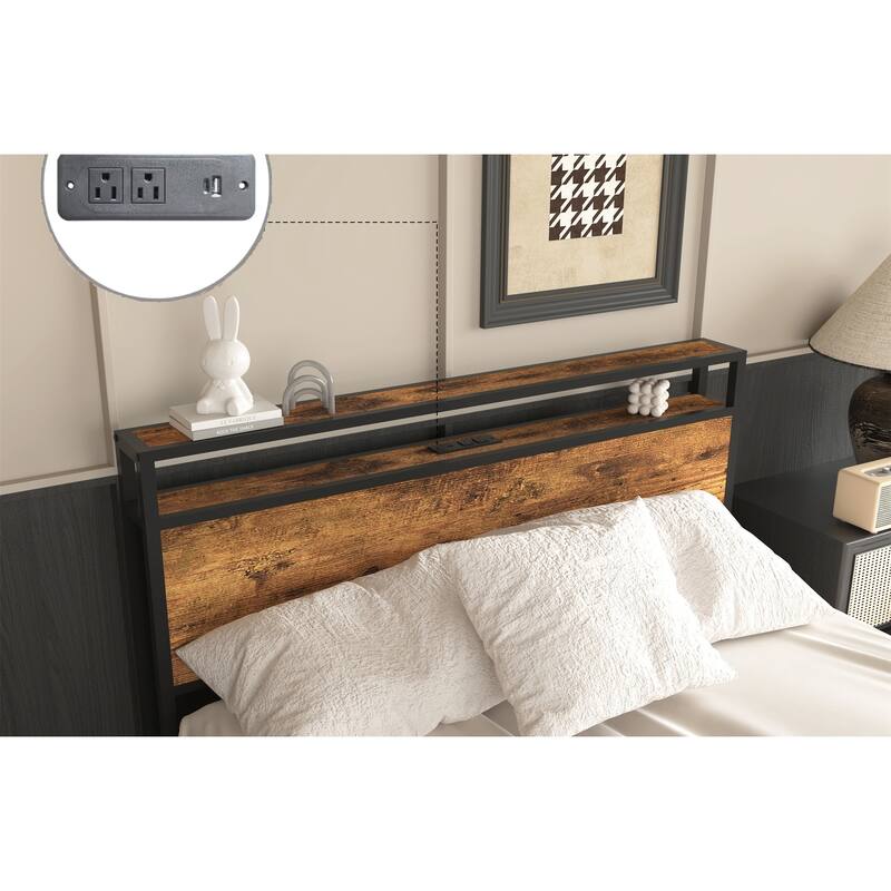 Full Size Bed Frame with 8 Storage Drawers and LED Headboard with Charging Station