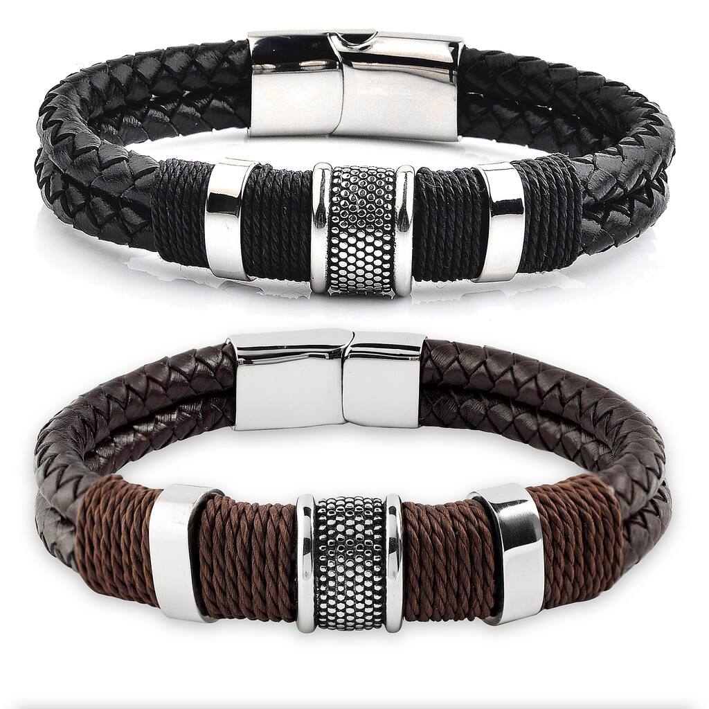 Men's Stainless Steel Woven Leather Bracelet - 8.5 Inches