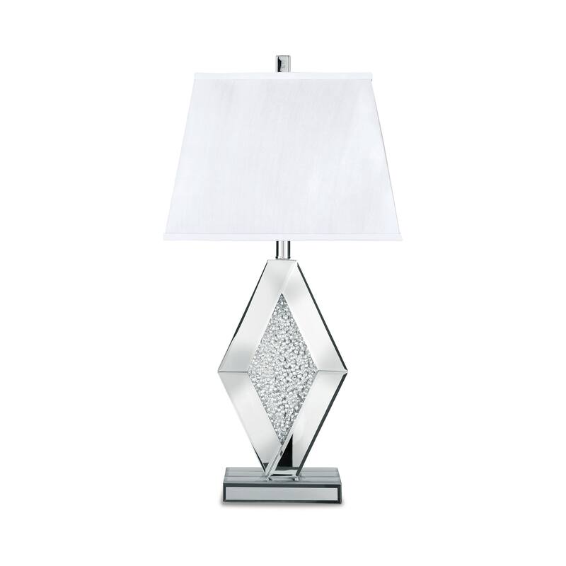 30 Inch Table Lamp, Mirrored Crystal Accent Geometric Base, Chrome, White