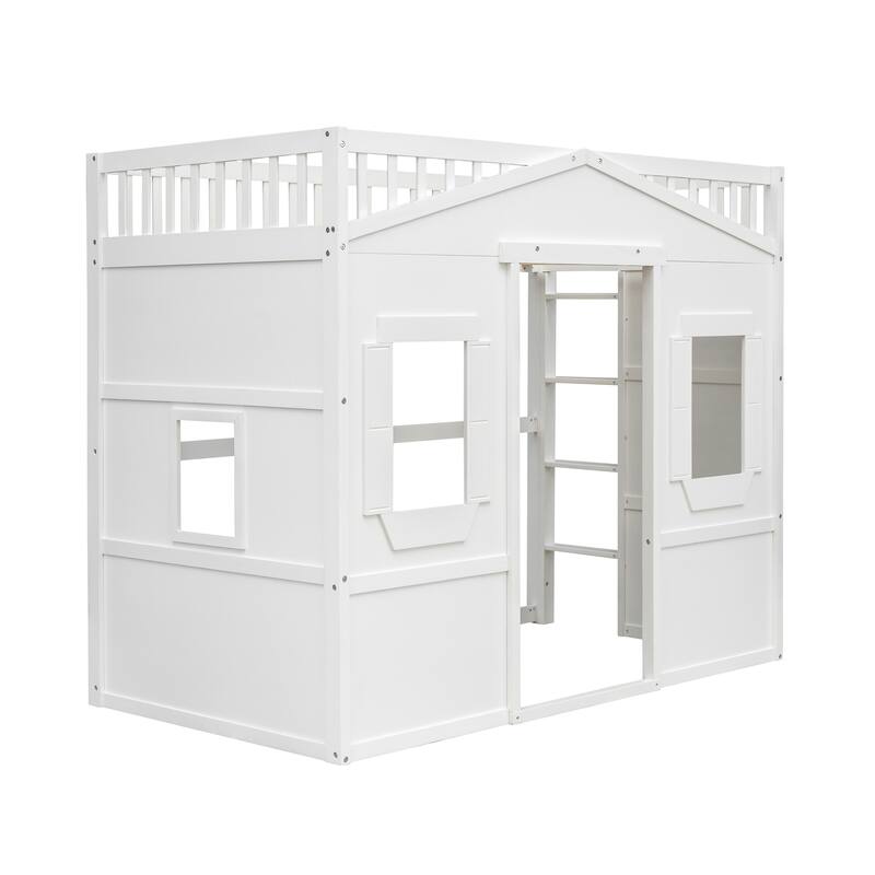 Stylish Wood Twin Loft Bed with Ladder and Guardrails, Space-Saving Design