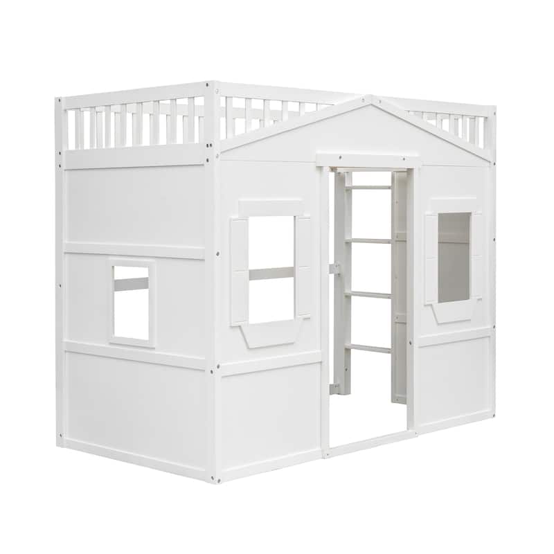 White Castle Style Solid Pine Wood Loft Bed with Ladder and Guard Rails