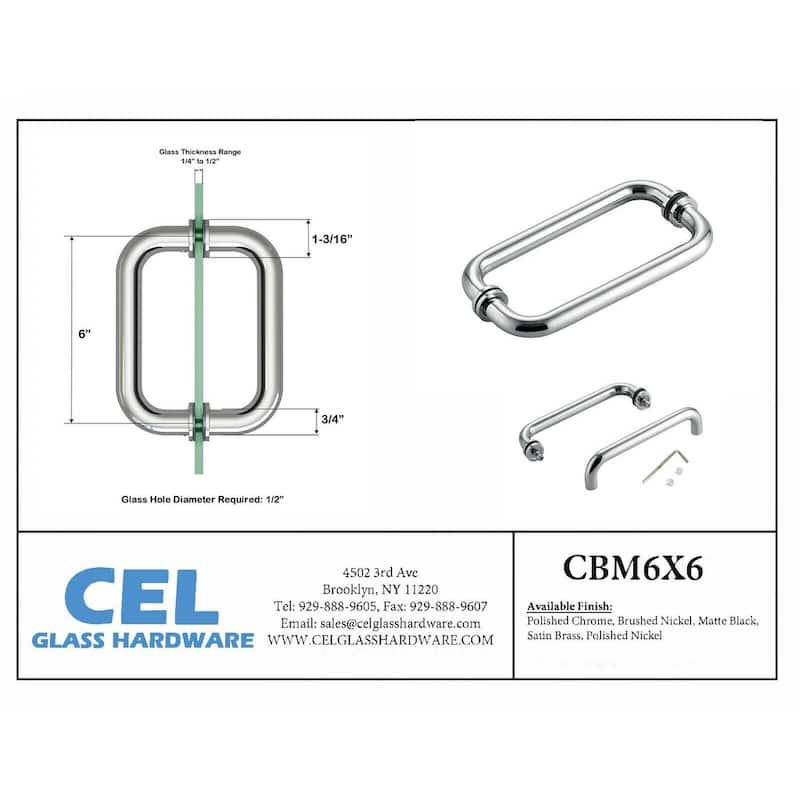 CEL 6"x6" Tubular Stainless Steel Back to Back Shower Door Pull Handle