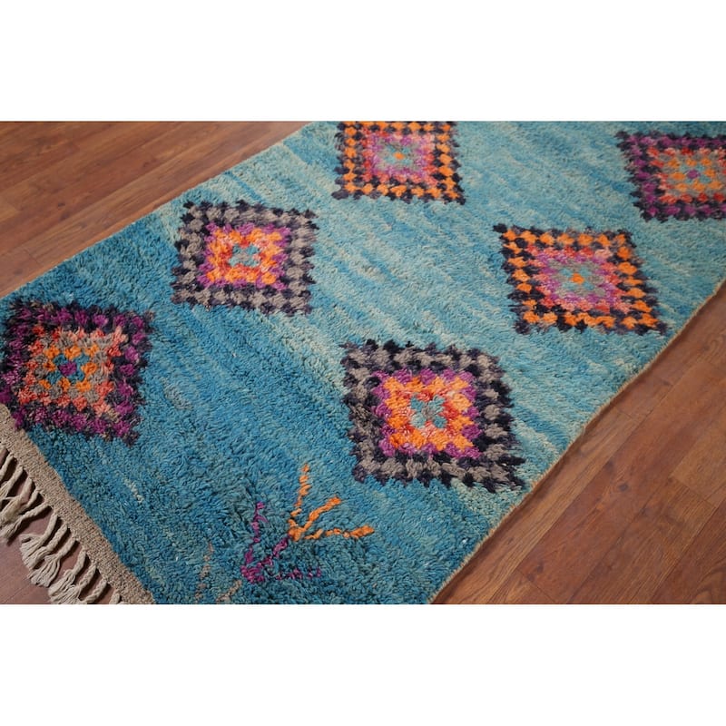 Plush Geometric Blue Moroccan Accent Rug Hand-Knotted Wool Carpet - 3'1" x 5'7"