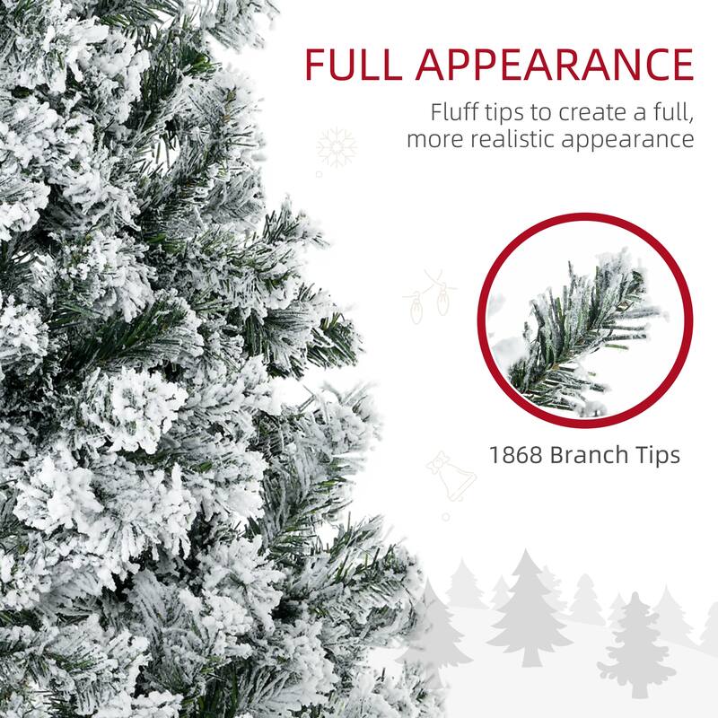 9ft Tall Prelit Artificial Christmas Tree Holiday Décor with 1868 Snow Flocked Branches, 600 Warm White LED Lights - Green