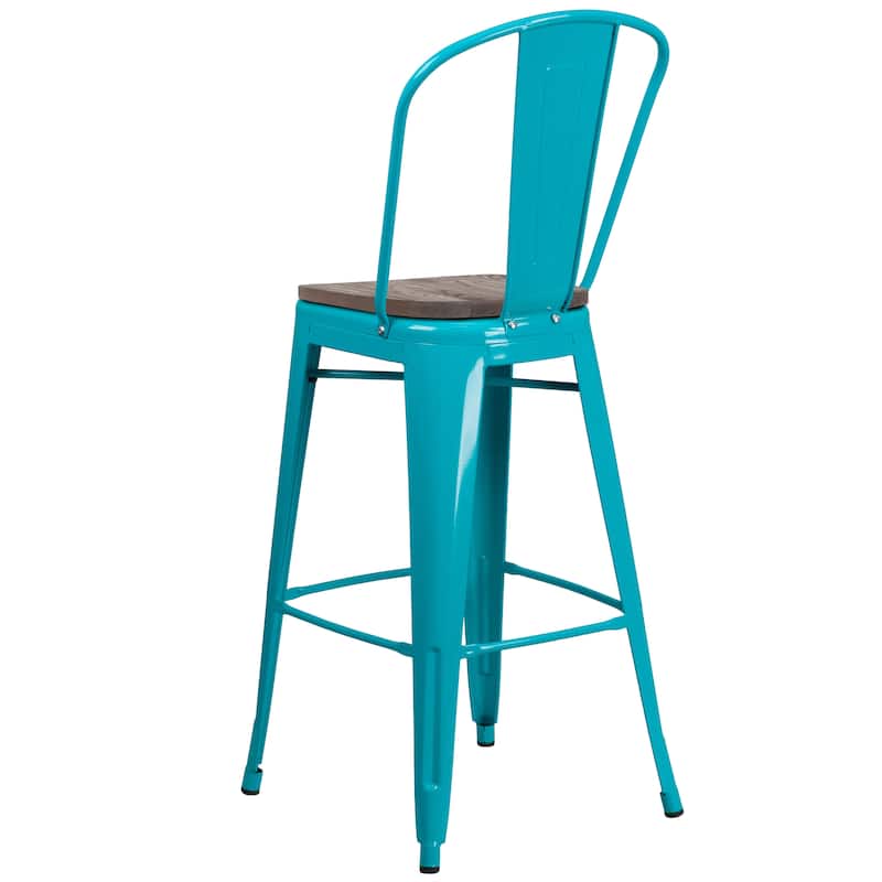 30" High Metal Barstool with Back and Wood Seat - 18"W x 19"D x 46"H - 18"W x 19"D x 46"H