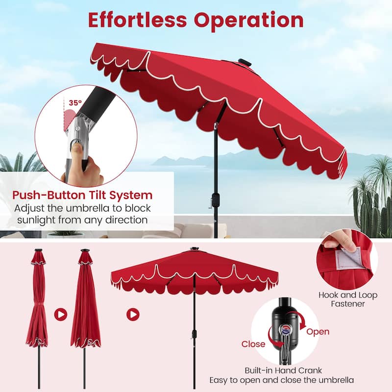 9.3 FT Outdoor Patio Polyester Umbrella with Solar LED Lights and Tilt Crank Metal Frame for Garden Deck