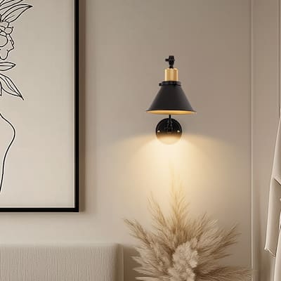 Black & Gold Wall Sconces Set of 2 with Adjustable Swing Arm, Cone Shade, E26 Rechargeable Light, Remote Control
