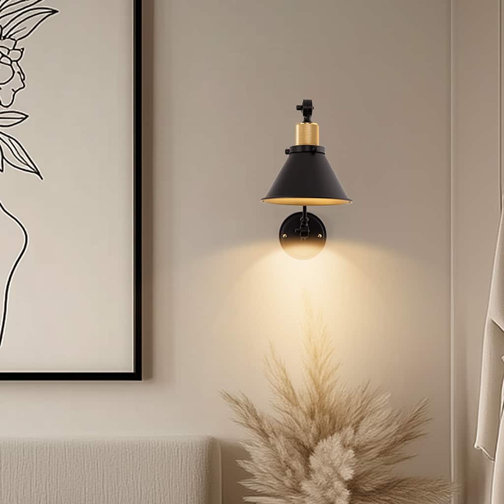 Black & Gold Wall Sconces Set of 2 with Adjustable Swing Arm, Cone Shade, E26 Rechargeable Light, Remote Control