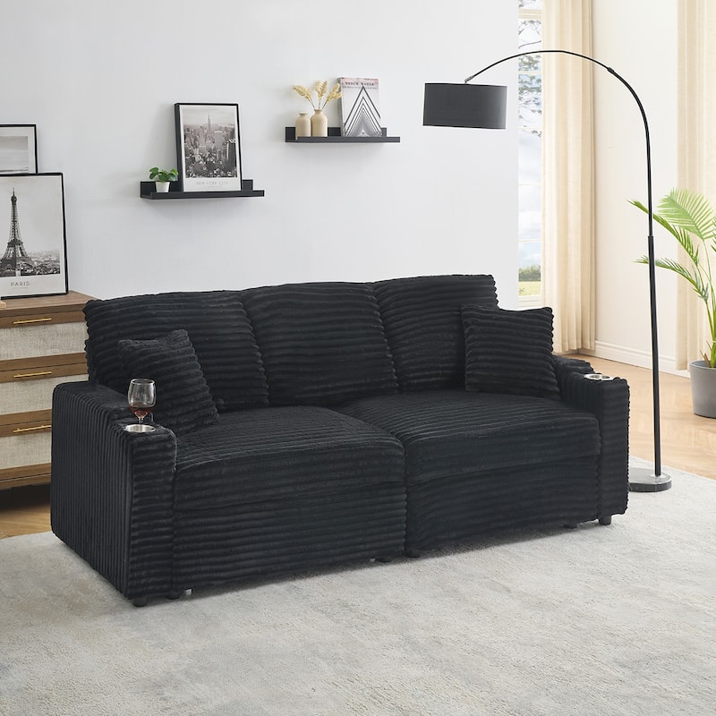80"Corduroy Sofa With Cup Holder