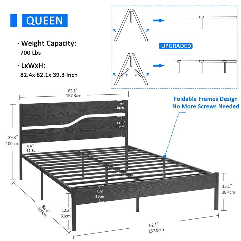 VECELO Beds Industrial Platform Bed Frame with Wood Headboard,Easy Set up