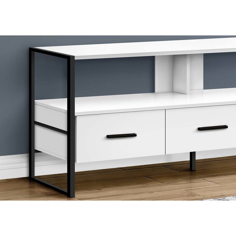 Modern 48" TV Stand, Industrial Design with 3 Storage Drawers & Open Shelves, Black Metal Frame