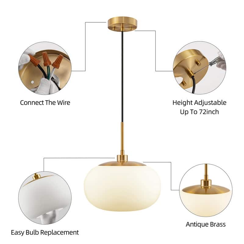KAWOTI 12” 1-Light Adjustable Opal White Glass Pendant - W12" x H86.5"