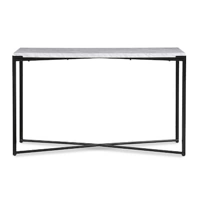 Agnew 50 Inch Console Table, White Marble Top, Tubular Black Steel Base