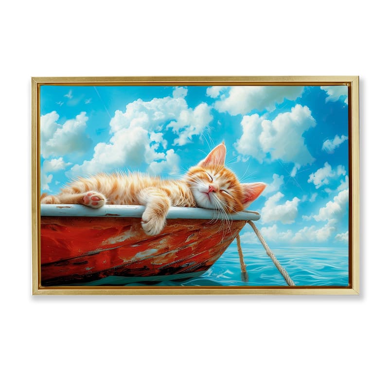 Stupell Sleeping Cat on Boat Framed Floater Canvas Wall Art Design By Parable Visions - 31 x 21 - Gold