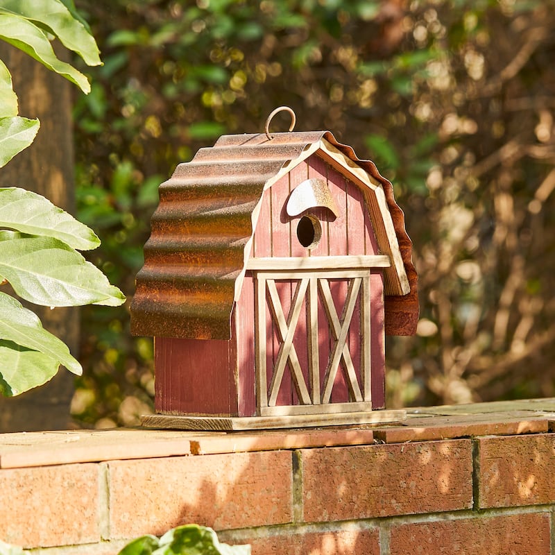 Glitzhome 10.25"H Wood Red Barn Garden Birdhouse