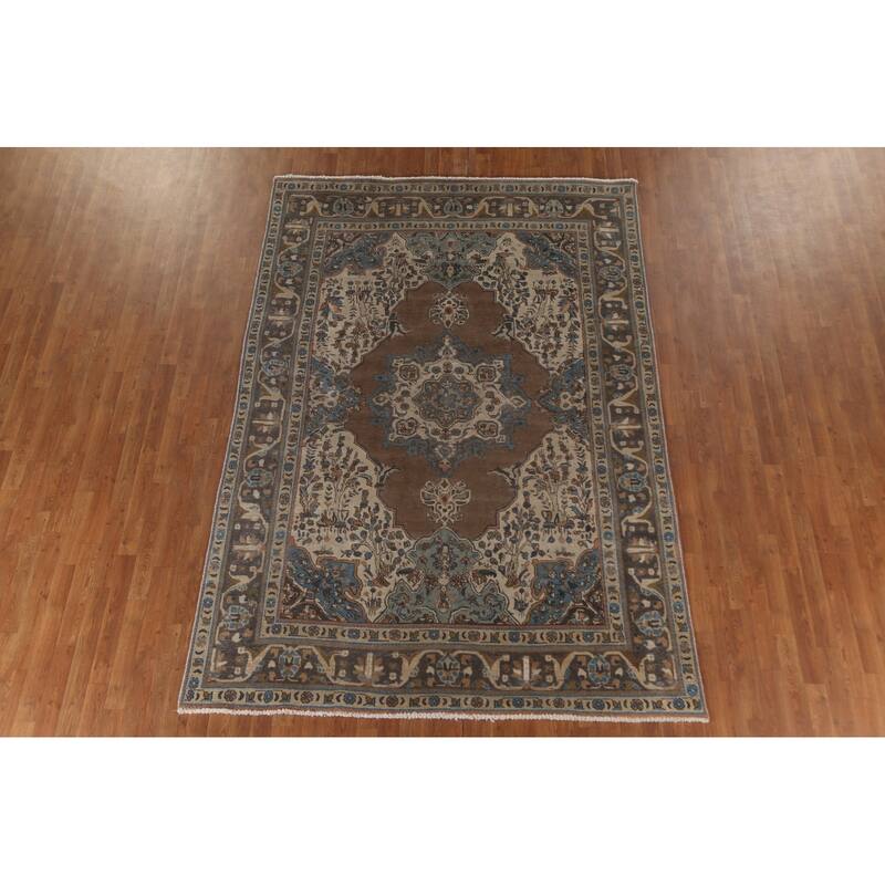 Brown Tabriz Persian Vintage Area Rug Hand-Knotted Wool Carpet - 6'9"x 9'9"