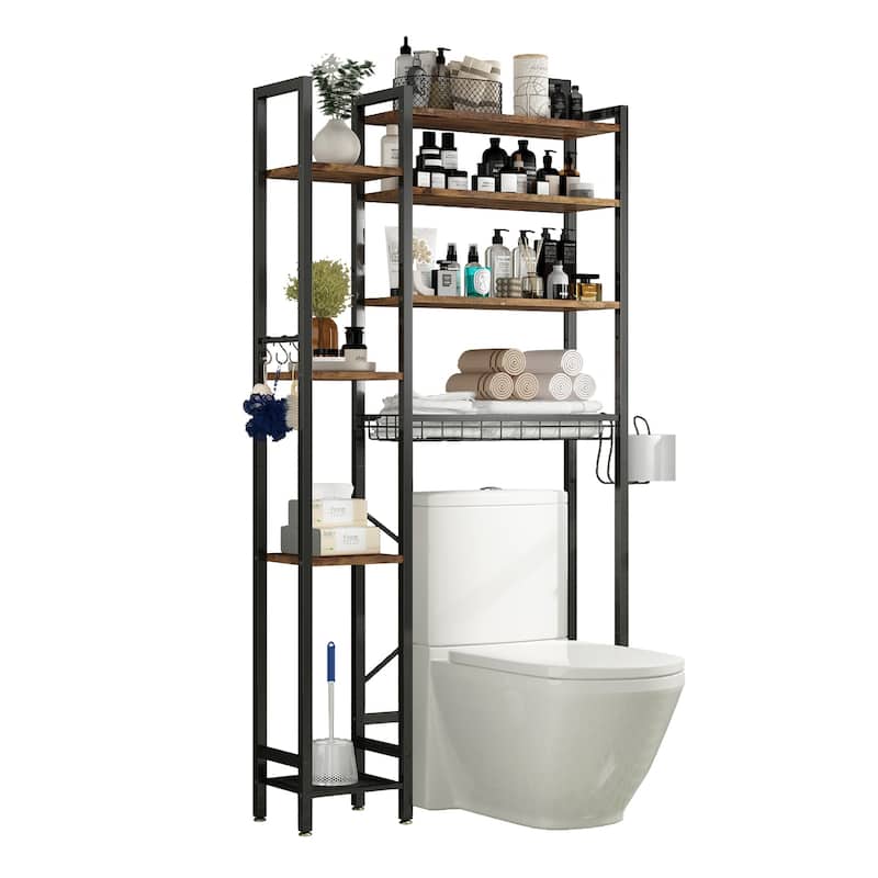 Sofucor 8-Tier Over The Toilet Storage with Side Rack,Adjustable Shelf & Drain Basket,Bathroom Organizer for Balcony,Laundry - Vintage Brown