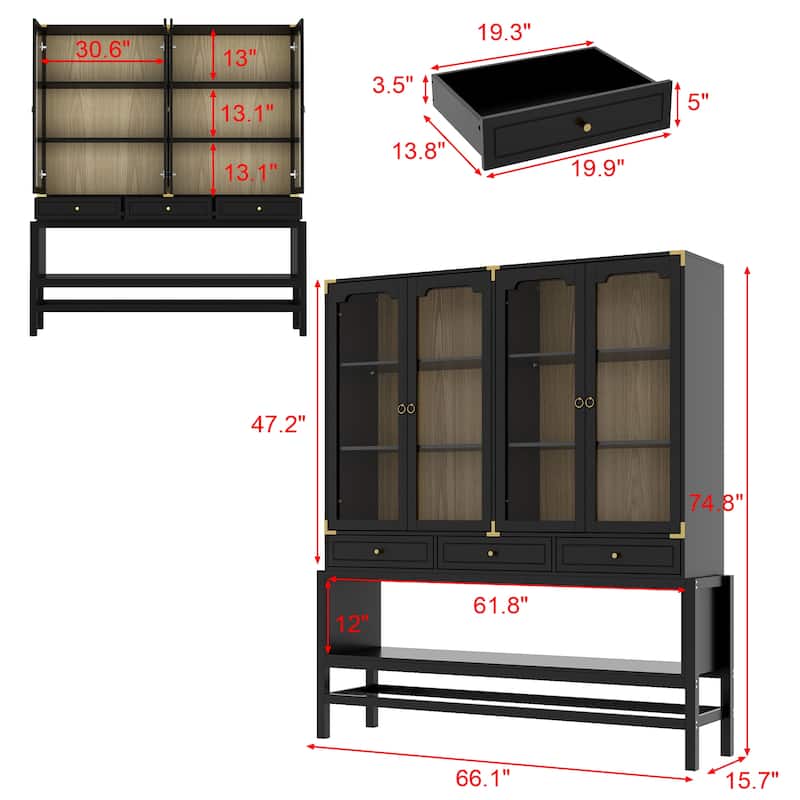 Bookshelves Black Display Cabinet with Glass Doors, Wood Grain Back, Metal Corner Accents - 66.1"x74.8"