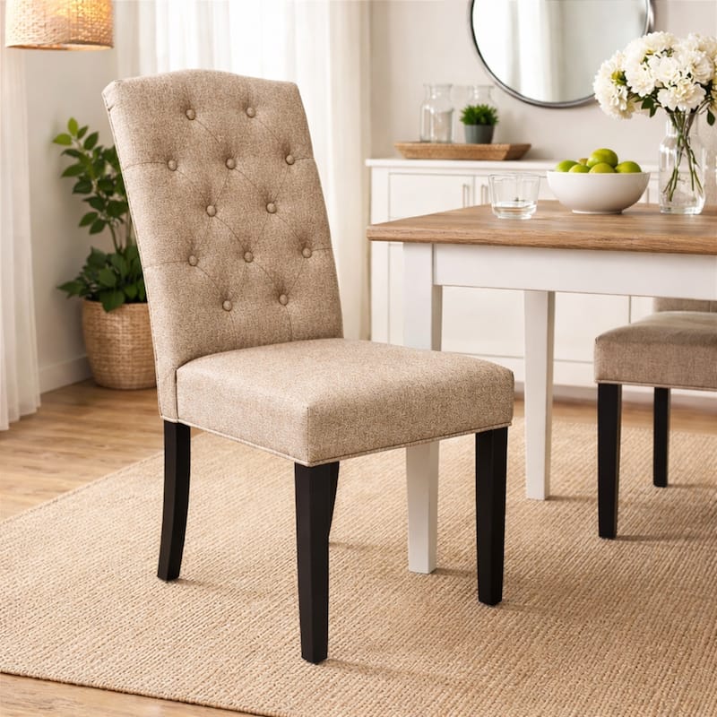 Modern Dining Chairs, Set of 2, Black Finish with Sand Beige Polyester Upholstered Seats Solid Rubberwood