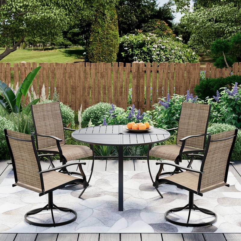 Patio Dining Set w Textilene / Swivel Rocking Chairs, Outdoor Table & Chairs w Adjustable Umbrella Hole, 5/7/9-Piece Garden Set