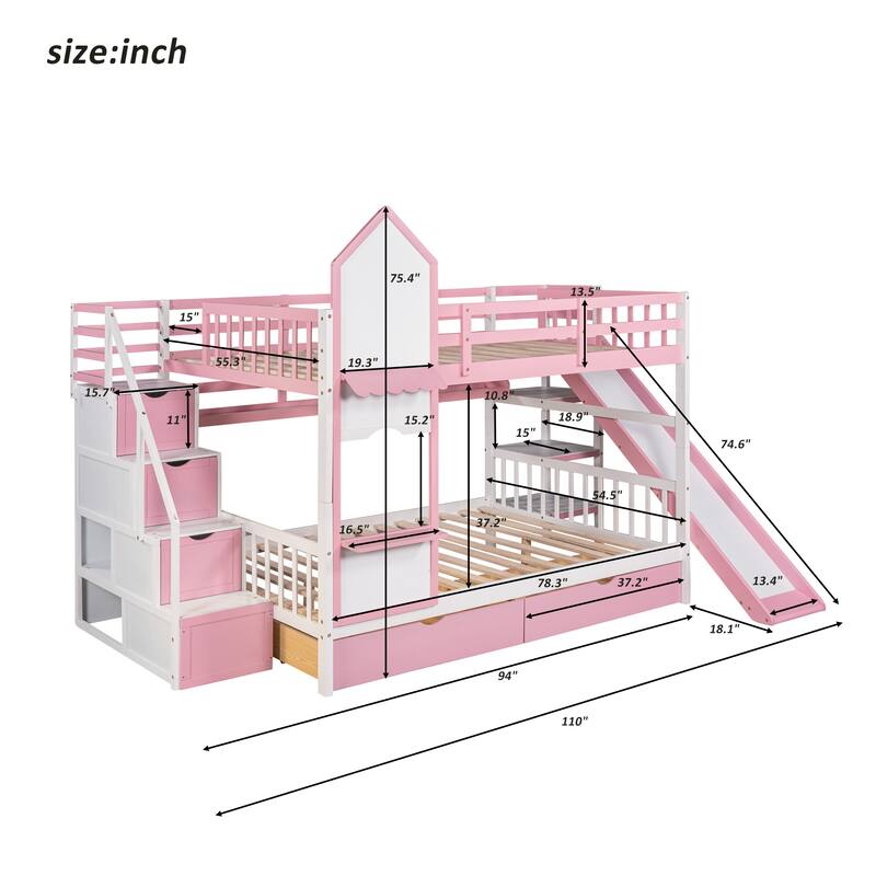 Castle Style Bunk Bed with 2 Drawers 3 Shelves and Slide